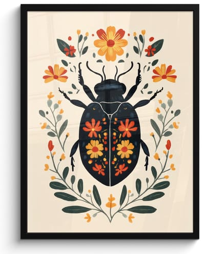 Poster in lijst - Fotolijst 60x80 cm - Posters - Bloemen - Oranje - Planten - Sierlijk - Posterlijst zwart - Decoratie - Wanddecoratie woonkamer - Muurdecoratie slaapkamer