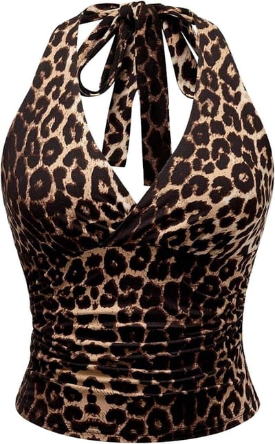Leopard Print Tanktop voor Vrouwen - Sexy V-hals, Lace Afwerking, Perfect voor Festivals en Feestjes