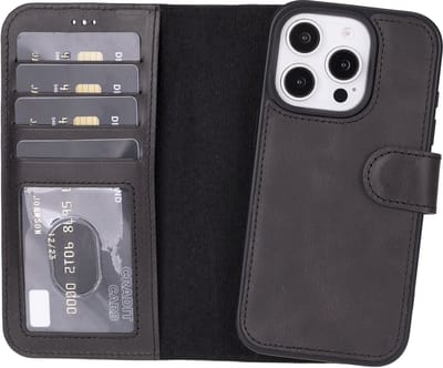 Lykke Leren Hoesje met Pasjeshouder voor iPhone 16 Pro– Handgemaakt Echt Leer – MagSafe Hoesje – Zwart