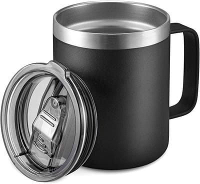 Oneay Geïsoleerde koffiemok van roestvrij staal (350 ml) met handvat, dubbelwandige vacuüm reismok, drinkbeker met schuifdeksel, zwart