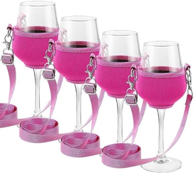Set van 4 Hangende Wijnglashouders van Stoffen, Perfect voor Festivals, Buitenevenementen en Feestjes, Roze (2.5 x 7.5 x 27 cm)