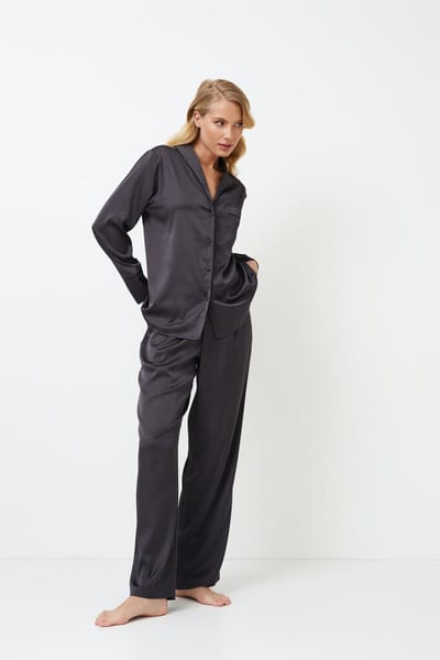 Dames pyjama Agatha-lange mouw-lange broek-zwarte biezen-donkergrijs-maat XS