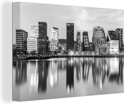 Canvas schilderij 150x100 cm - Wanddecoratie Skyline Oslo - zwart wit - Muurdecoratie woonkamer - Slaapkamer decoratie - Kamer accessoires - Schilderijen
