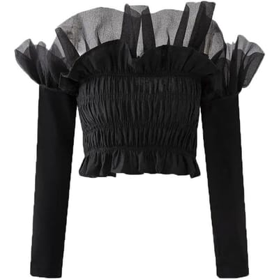 Zwarte Slash Neck Damesblouse Vlindermouw Gaas Ruches Plooien Ontwerp Elastische Taille Slim Lange Mouwen Cropped Top Hotsweet M