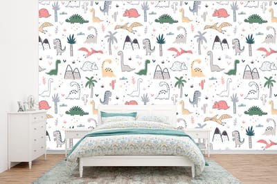 Behang - Fotobehang Patronen - Dino - Boom - Jongetje - Jongens - Kinderen - Kids - Breedte 320 cm x hoogte 240 cm