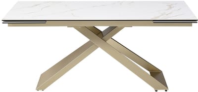 Vente-unique Verlengbare eettafel 6 tot 10 plaatsen van keramiek, gehard glas en metaal - Wit marmereffect en goudkleurig - XERENA van Maison Céphy