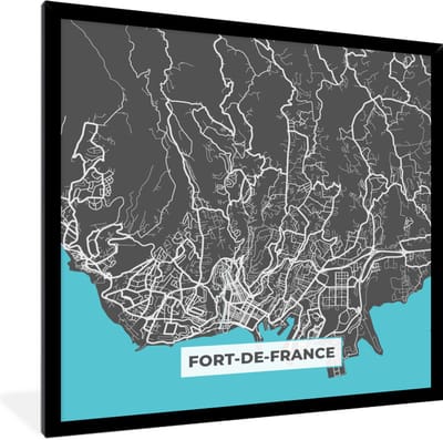 Fotolijst incl. Poster - Kaart - Frankrijk - Stadskaart - Plattegrond - Fort-de-France - 40x40 cm - Posterlijst