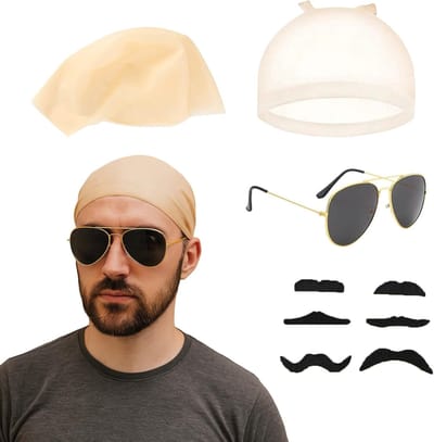 4-delige Fancy Dress Bald Cap Accessoire Set met Naakt Latex Bald Cap, Zwarte Zonnebril en Zwarte Baardpatch voor Halloween en Cosplay voor Kinderen en Volwassenen