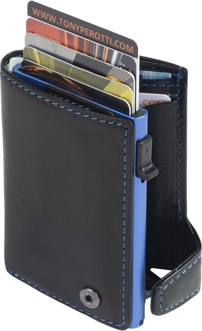 Tony Perotti Furbo RFID Leren Pasjeshouder met papier- en kleingeldvak, Zwart/blauw