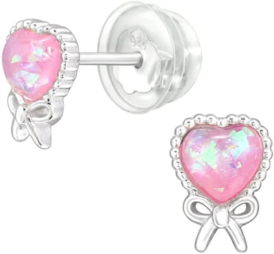 MAXTE 925 Zilveren Kinderoorknopjes Hart met Roze Opaal - Kinder Oorbellen Meisjes - Sterling Zilver - 5,4 x 7,3 mm
