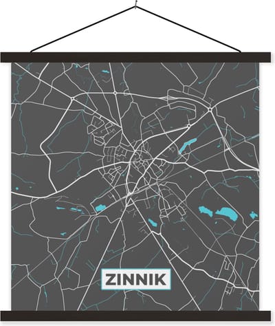 Posterhanger incl. Poster 60x60 cm - Schoolplaat - België – Zinnik – Stadskaart – Kaart – Blauw – Plattegrond - Textielposter - Zwarte latten - Stadskaart