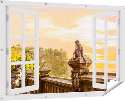 Gards Tuinposter Doorkijk Aap op de Uluwatu Tempel in Bali - 150x100 cm - Tuindoek - Tuindecoratie - Wanddecoratie buiten - Tuinschilderij