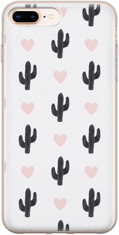 Leuke Telefoonhoesjes - Hoesje geschikt voor iPhone 8 Plus - Cactus hartjes - Soft case - TPU - Planten - Zwart