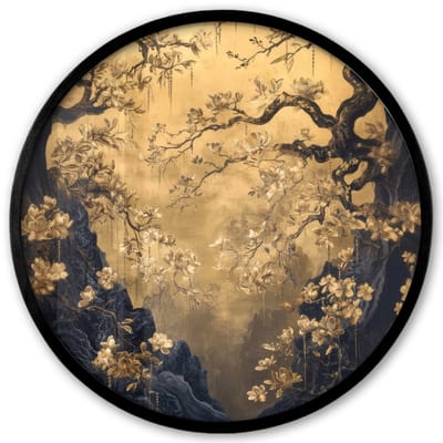 Poster in lijst Rond - Fotolijst 40x40 cm - Posters - Bloemen - Takken - Goud - Sierlijk - Ronde posterlijst zwart - Decoratie - Wanddecoratie woonkamer - Muurdecoratie slaapkamer