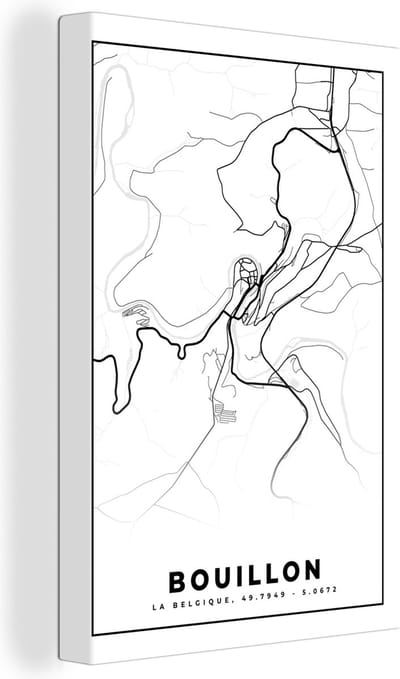 Canvas Schilderij België – Bouillon – Stadskaart – Kaart – Zwart Wit – Plattegrond - 20x30 cm - Wanddecoratie