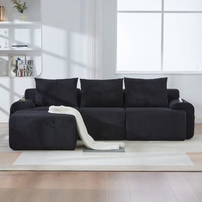 MODFU Modulaire 3-Zits Bank - Met Bekerhouder En Opbergvak - Moderne Stijl - Voor Woonkamer - Ribstof - Zwart