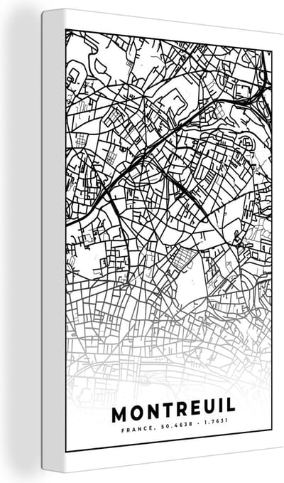 Canvas Schilderij Kaart - Plattegrond - Frankrijk - Stadskaart - Montreuil - Zwart wit - 20x30 cm - Wanddecoratie
