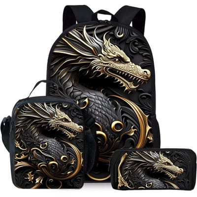 Met metaaldraakprint Drie Delige Rugzakken Set voor Jongens en Meisjes Beste Cadeaus 2D Platte Cartoon Schooltas voor Kinderen black