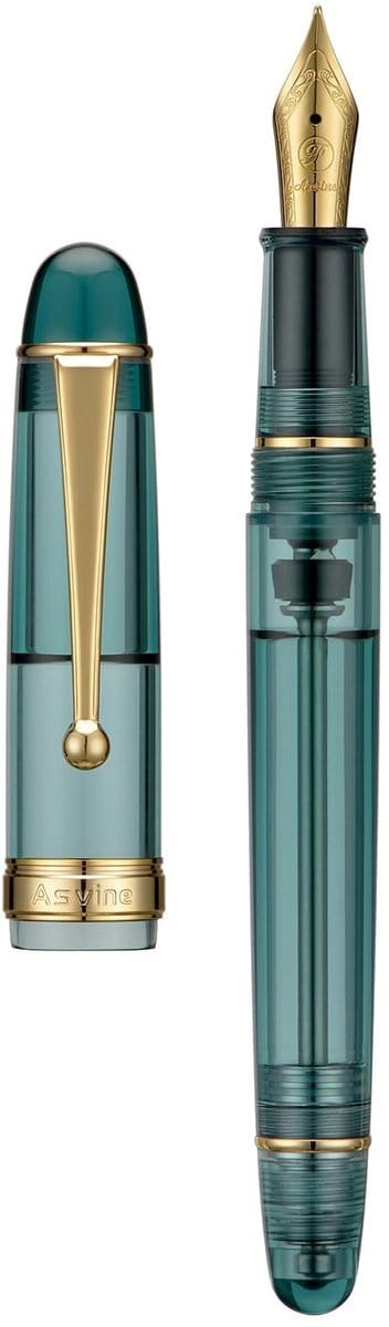 Asvine V126 Vulpen met vacuümvulling, extra fijne penpunt, transparant groenblauw acryl, grote capaciteit, met geschenkdoos