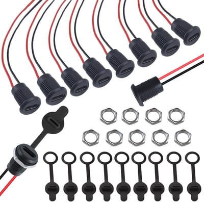 Pack van 10 waterdichte USB C sockets, 2-draads, ingebouwde type C aansluiting met stofkap en moeren voor eenvoudige installatie