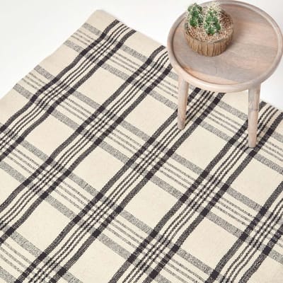 Homescapes Logan 100% wollen geruit antislipkleed, zwart en wit, 70 x 120 cm