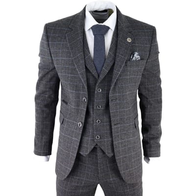 Heren Grijs Ruit 3-delige Tweed Pak Peaky Blinders 1920s Gatsby Aangepast Fit