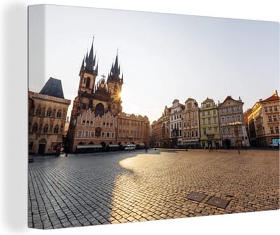 Canvas schilderij 180x120 cm - Wanddecoratie Praag - Plein - Centrum - Muurdecoratie woonkamer - Slaapkamer decoratie - Kamer accessoires - Schilderijen