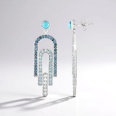 Cavill - Lange geometrische oorbellen - 925 Sterling Zilver gerhodineerd - Sleeping Beauty Turkoois 0,72 ct - Blauw Topaas & Zirkonia