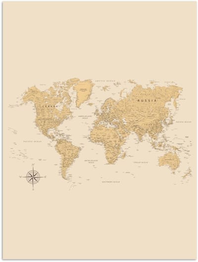 Poster 120x160 cm - Wereldkaart - Realistisch - Beige - Posters - Kamer decoratie - Wanddecoratie woonkamer - Muurdecoratie slaapkamer XXL