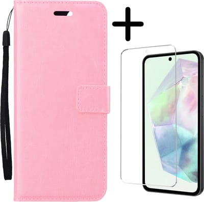 Hoesje Met Screenprotector - Geschikt voor Samsung Galaxy A35 - Luxe Pasjeshouder - Bookcase Portemonee - Flip Case - Kunstleer Book Case - Flipcase - Book Cover - Walletcase - Portemonneehoes - Lichtroze