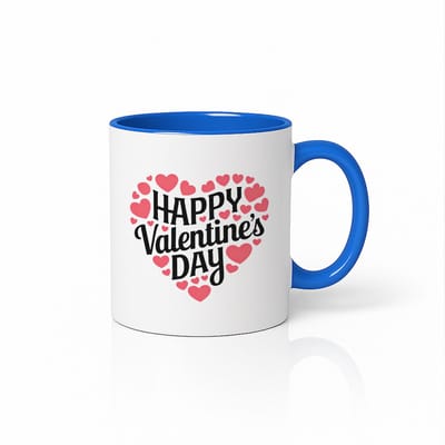 Happy Valentine’s Day Mok 330ml – Wit-Blauwe Koffiemok met Hartjes Ontwerp – Romantisch Cadeau voor Hem & Haar