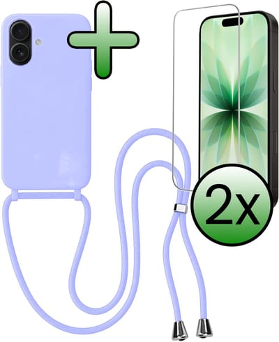 Hoes Geschikt voor iPhone 17 Hoesje Met Koord Met 2x Screenprotector - Telefoonhoesje Geschikt voor iPhone 17 Backcover Met Afneembaar Koord - Lila