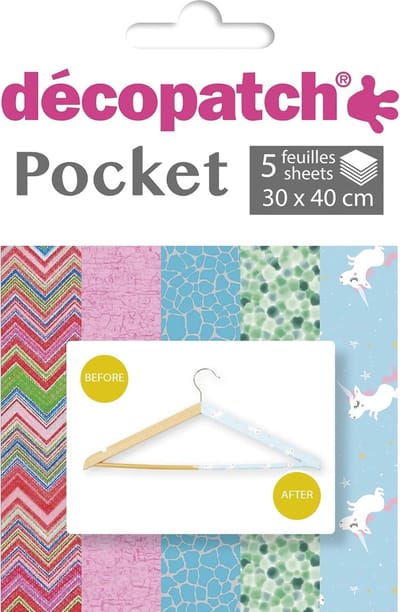 Decopatch Pocket No30 pocket met 5 vellen bedrukt papier 30x40 cm, diverse patronen (ref.603, 299, 537, 830 en 727)