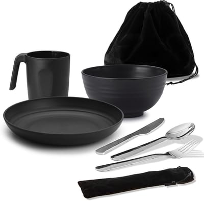 Complete Camping Mess Kit voor Reizen, Picknicks en Buitenactiviteiten - Bestekset met Mes, Lepel, Vork, Beker, Kom en Bord voor 1 Persoon, Essentiële Kampeerspullen