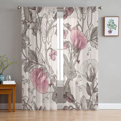 Bloemen met bloeiende erwten Transparant gordijn voor woonkamer slaapkamer Voile gordijnen voor raam Organza gordijnen Feest Tule gordijnen 135W x 114H(cm) gray