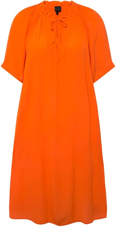 Ulla Popken - Dames - Jurk volants A-lijn tuniekhalslijn halve mouwen - Oranje - Maat 46+