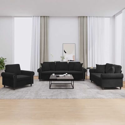 vidaXL - 3-delige - Loungeset - met - kussens - fluweel - zwart