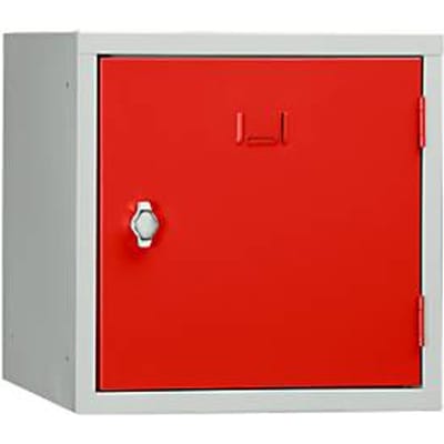 Stalen kubuskast, afsluitbaar, 380 mm, corpus grijs en deur rood RAL 3020