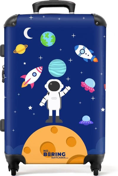 NoBoringSuitcases.com® - Kinderkoffer jongen - Astronaut in de ruimte - Kindertrolley jongens - Koffer kind groot - Rolkoffer lichtgewicht - Reiskoffer met 4 wielen - Grote trolley XL - 20 kg bagage