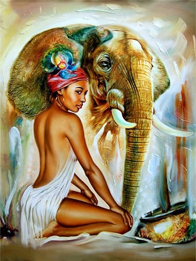 Diamond Painting Pakket - Vrouw en Olifant - 50x40 cm - Complete Set - Volledige Bedekking - Ronde Steentjes