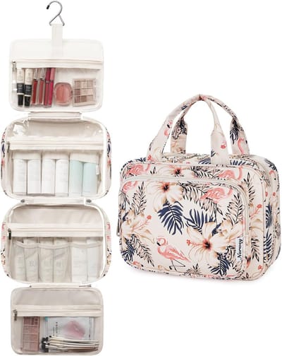 Famanu - Hangende Reis Toilettas voor Vrouwen Cosmetica Make-up Tas Organizer Accessoires (Beige Flamingo (Groot))