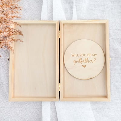 Will you be my godfather - aankondigingsdoosje met cirkel - zwangerschapsaankondiging - vertellen dat je zwanger bent - houten cirkel