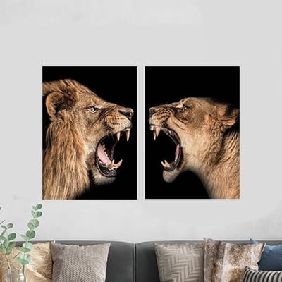 Modern Schilderij Woonkamer - Poster op canvas Schilderij Leeuw en Leeuwin Stel - King and Queen - 50 x 70 cm - PosterGuru