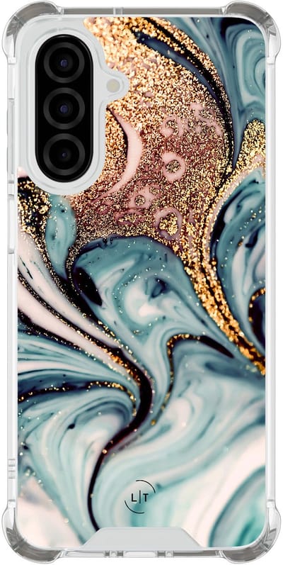 Shockproof hoesje - Geschikt voor Samsung Galaxy A26 - Marmer blauw goud - Extra sterke case - TPU/polycarbonaat - Marmer - Blauw, Goud, Transparant