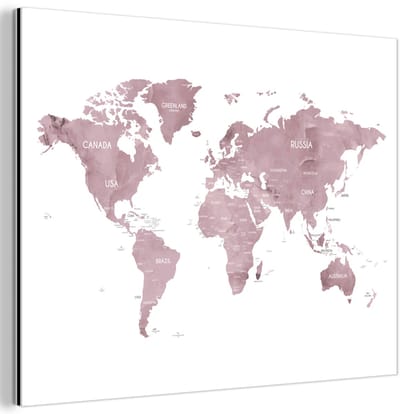 Aluminium schilderij 40x30 cm - Wanddecoratie metaal - Wereldkaart - Roze - Design - Metalen muurdecoratie woonkamer - Decoratie industrieel - Foto op dibond - Industriële accessoires slaapkamer