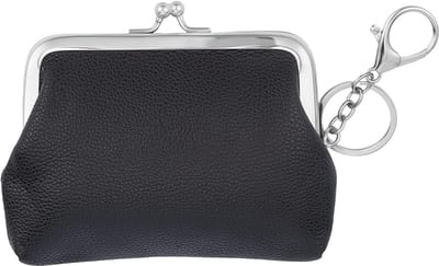 Dailygoods - PU Lederen Kiss Lock Portemonnee voor Vrouwen Vintage Dames Compacte Portemonnee Kleine Zwart Lederen Verandering Pouch Creditcardhouder met Sleutelhanger en Kreeft Sluiting voor Reizen