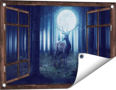 Gards Tuinposter Doorkijk Hert in het Bos tijdens Volle Maan - 60x40 cm - Tuindoek - Tuindecoratie - Wanddecoratie buiten - Tuinschilderij