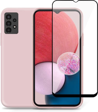Geschikt voor Samsung A13 4G Hoesje + Screenprotector – Full Cover Gehard Glas – Suède Back Cover Case Rose