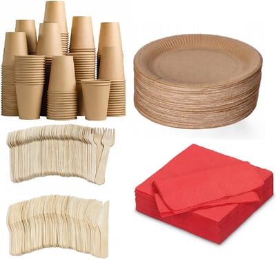 500 stuks x Houten wegwerp bestek set eco/milieubewust - 100 kartonnen borden 23cm + 100 kartonnen bekers 240ml+ 100 Vorken 16cm+100 messen 16cm+ 100 bio servetten rood 33x33cm
