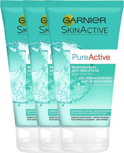 Garnier PureActive Reinigingsgel Anti-Eters voor een Gemengde Huid - Tegen mee-eters & verstopte poriën - 3 x 150 ml - Voordeelverpakking